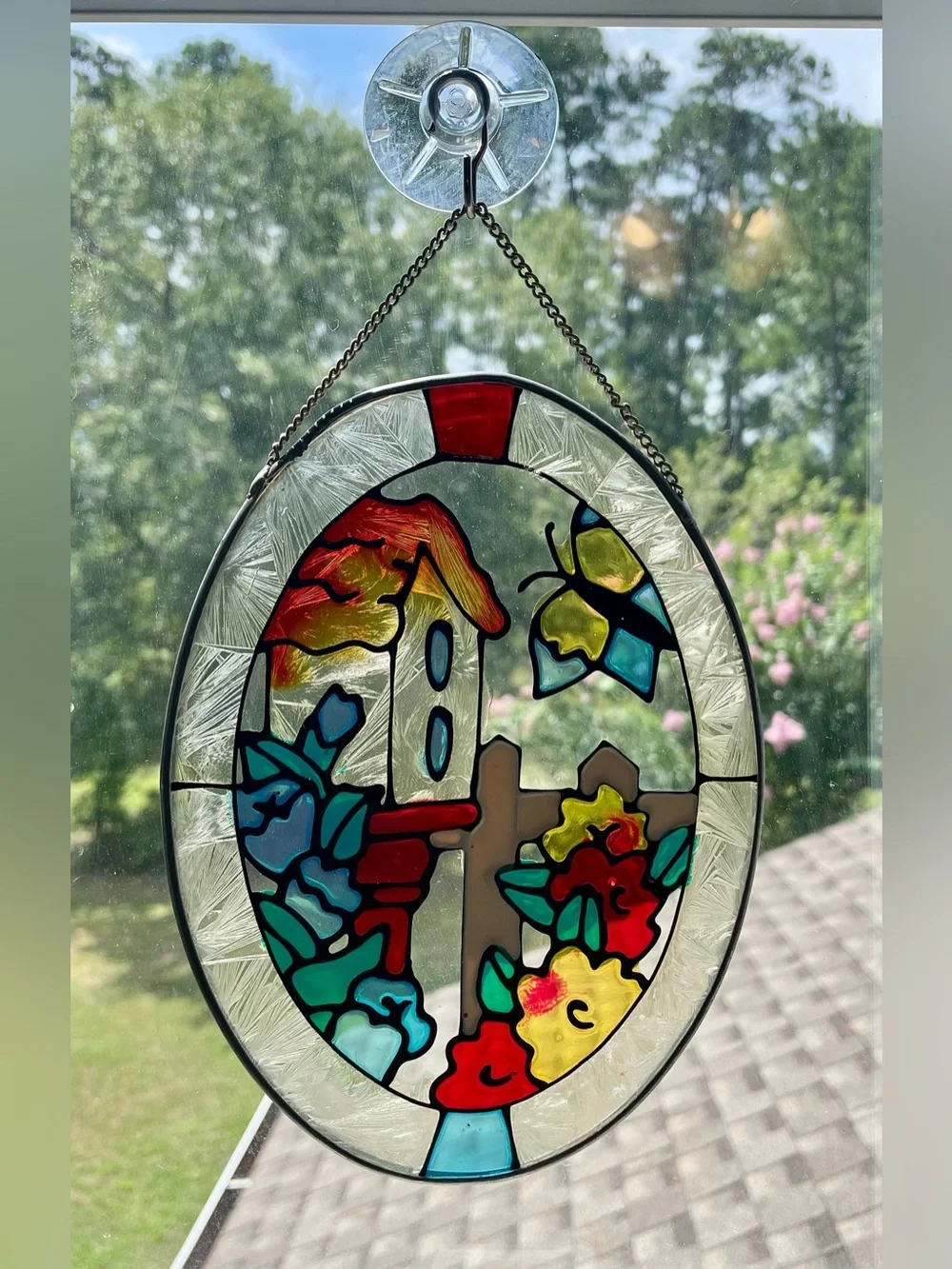 Faux Stained Glass Birdhouse & Butterfly Oval Suncatcher